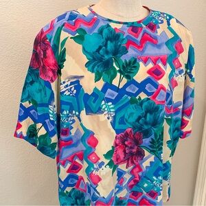 Vintage 90s Women’s 100% Silk Short Sleeve Floral Blouse Shirt Top Size 18 1X